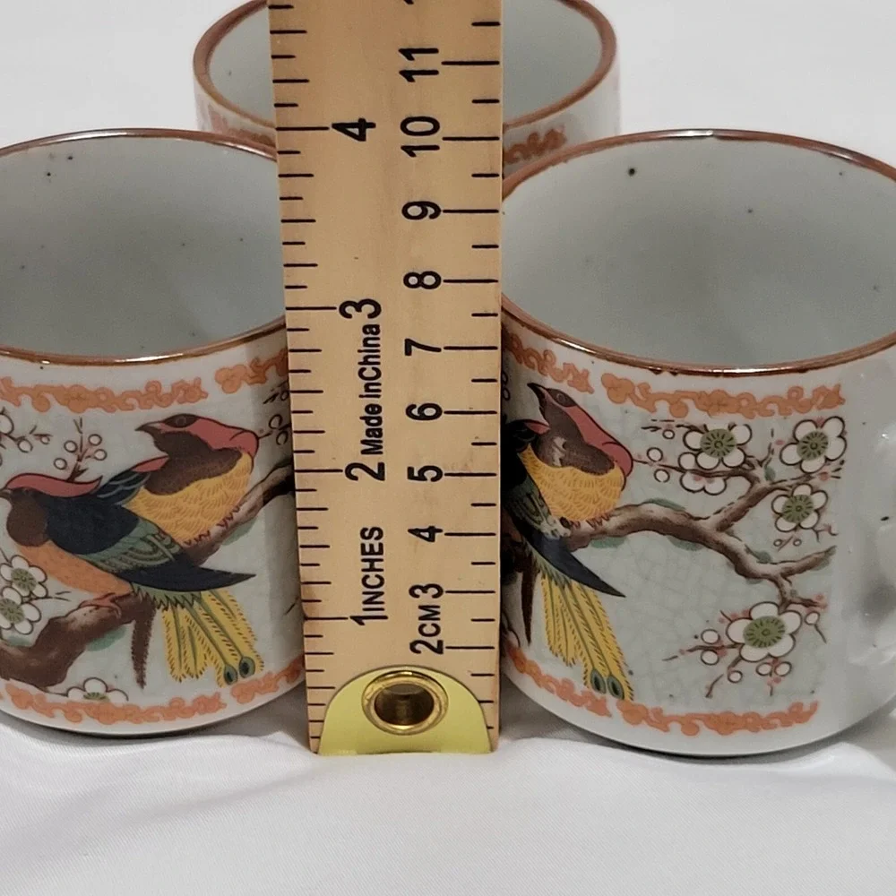 Vintage Asian Style Stoneware Tea Cups Bird Motif Set of 3 Chinoiserie